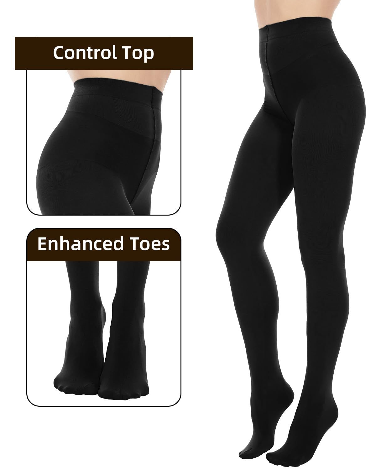 Flat lay of 2-pack women’s black tights with packaging.