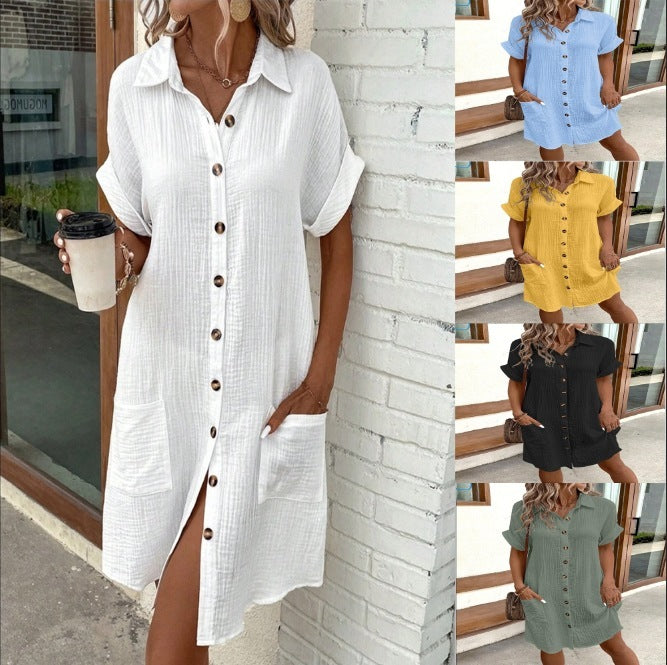 Casual Mid-Length Shirt Dress with Short Sleeves