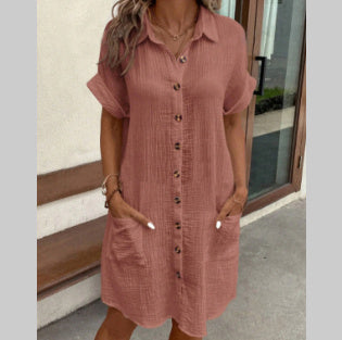 Casual Mid-Length Shirt Dress with Short Sleeves