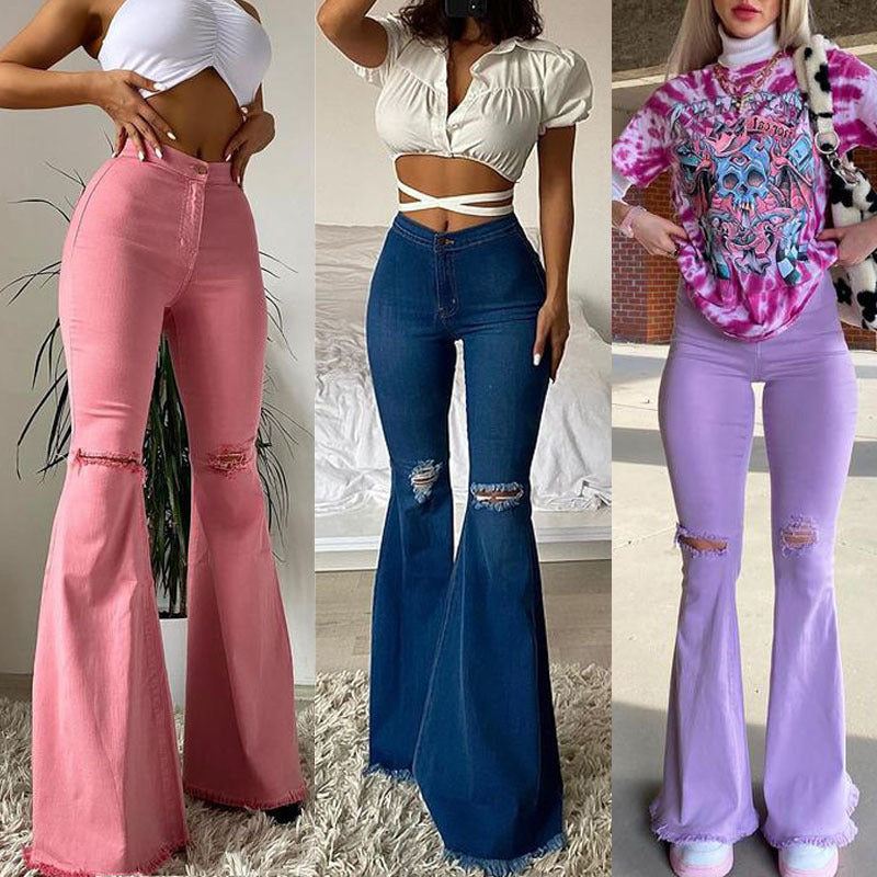 “Stretch Denim Trousers in Vibrant Colors with Ripped, Frayed, and Flared Details”