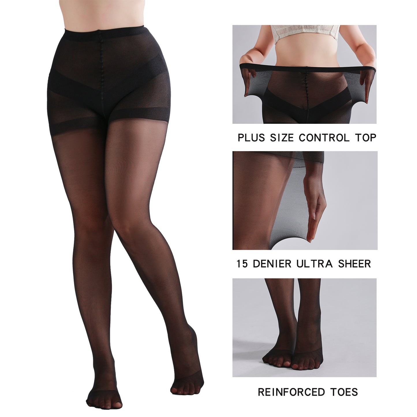 Plus size model styling sheer tights with a dress and heels.