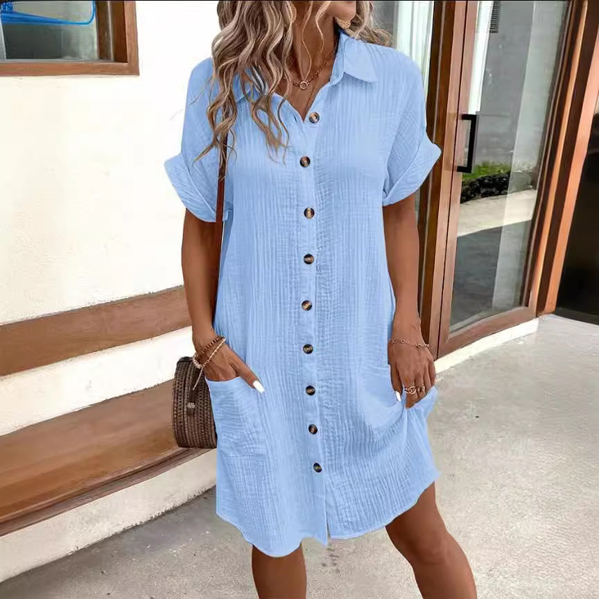 Casual Mid-Length Shirt Dress with Short Sleeves