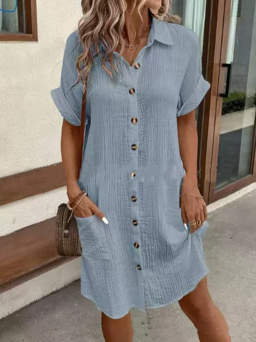 Casual Mid-Length Shirt Dress with Short Sleeves