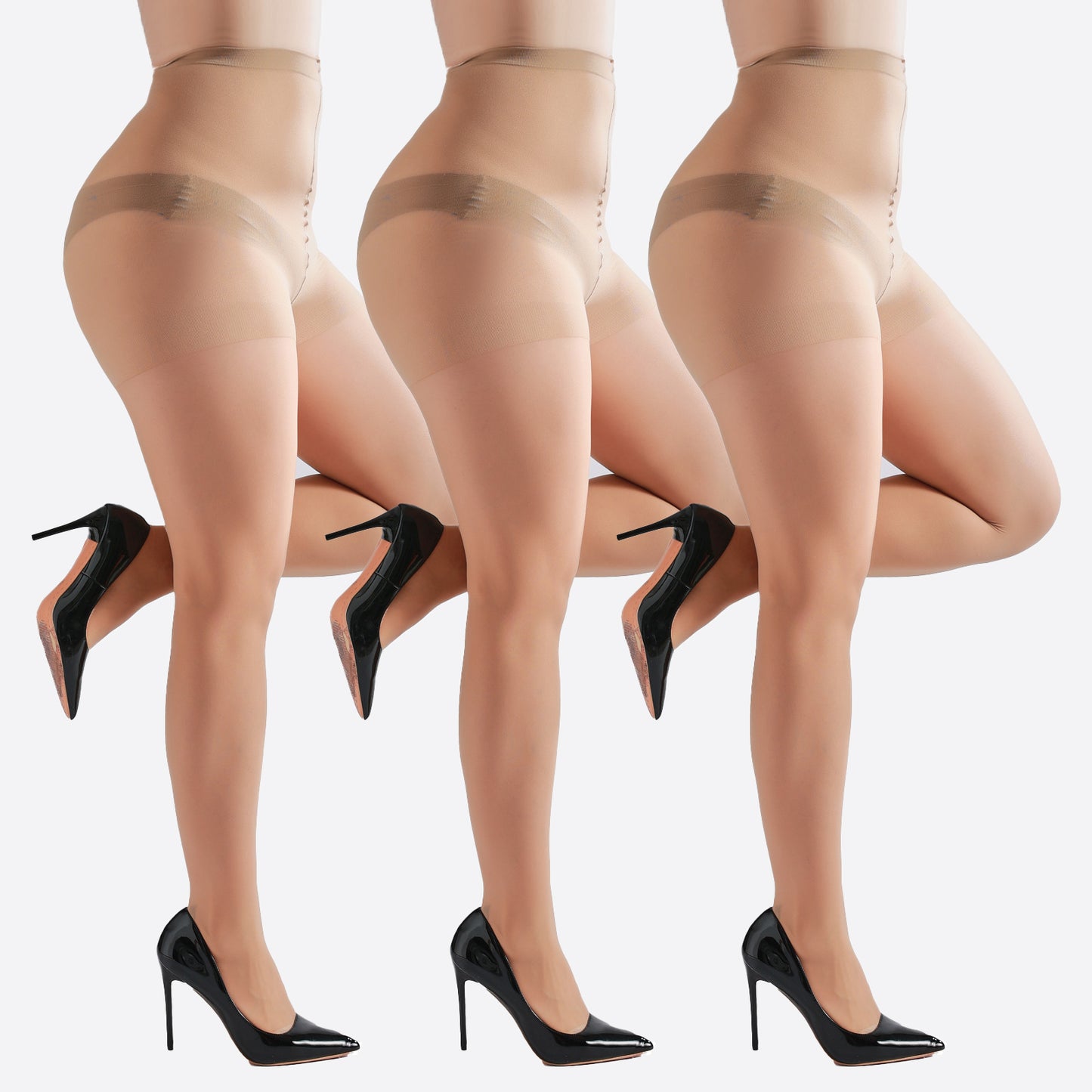 Breathable sheer tights paired with a skirt and peep-toe shoes