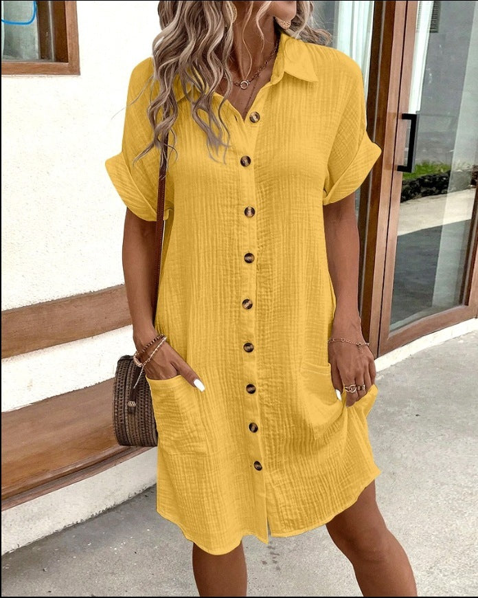 Casual Mid-Length Shirt Dress with Short Sleeves
