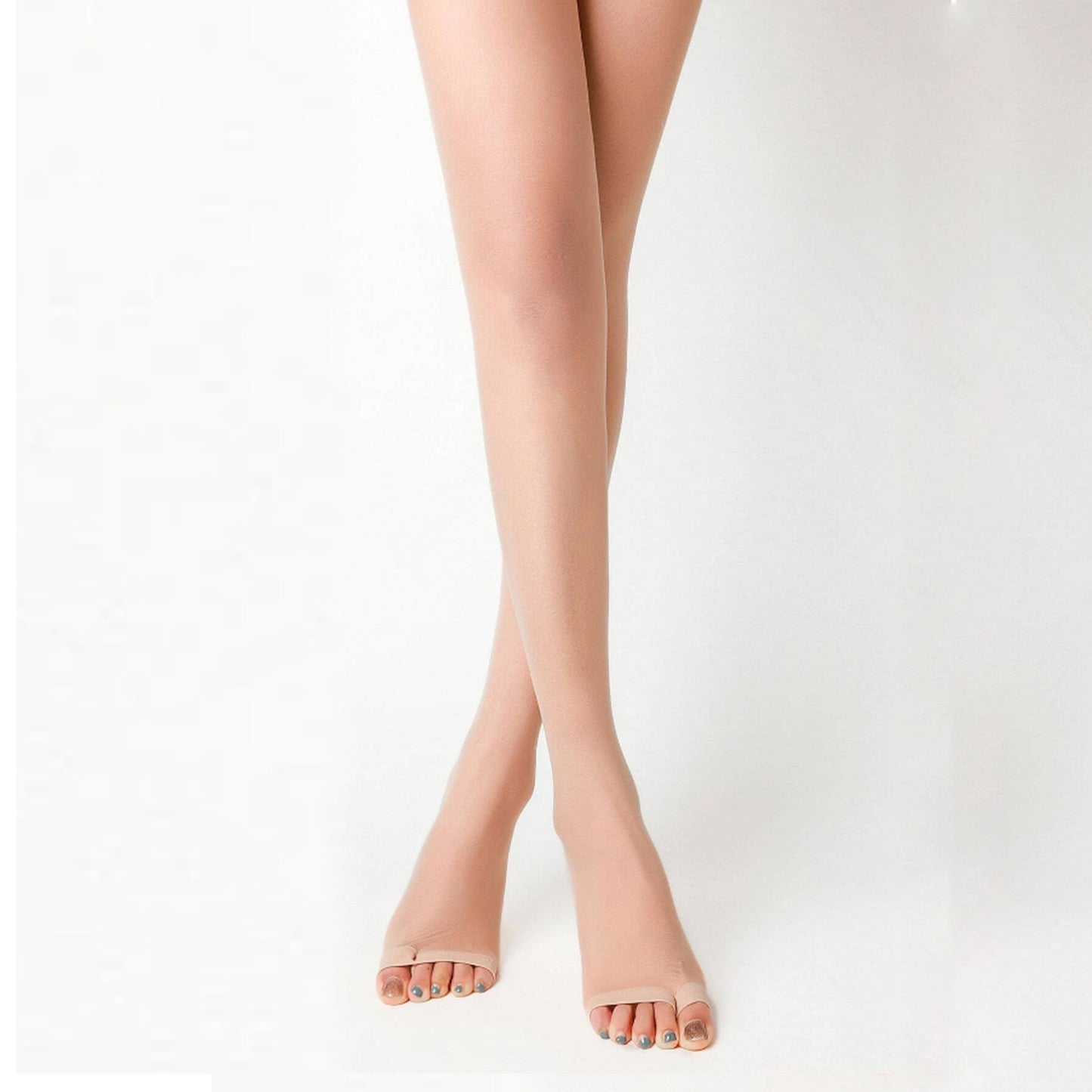 Side view of legs in open toe tights paired with heels.