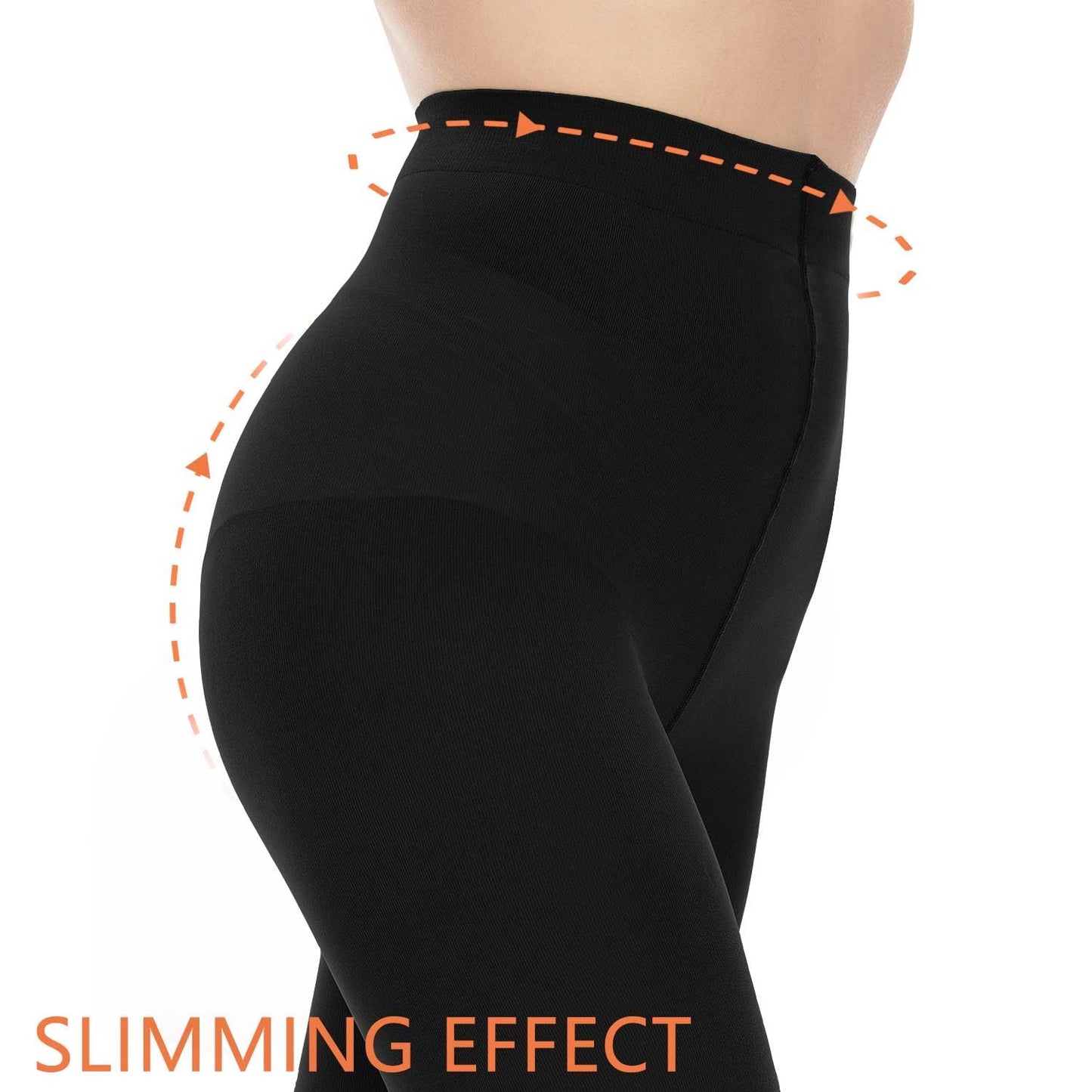 Model showcasing high-waisted black tights with a smooth finish.