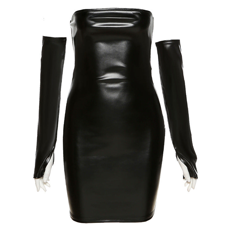 “Nightclub Style PU Dress with Fashion Word Collar - A Sexy Bag Hip Design”