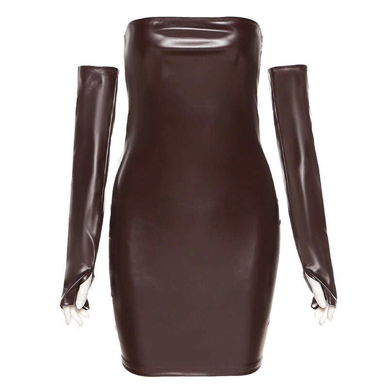 “Nightclub Style PU Dress with Fashion Word Collar - A Sexy Bag Hip Design”