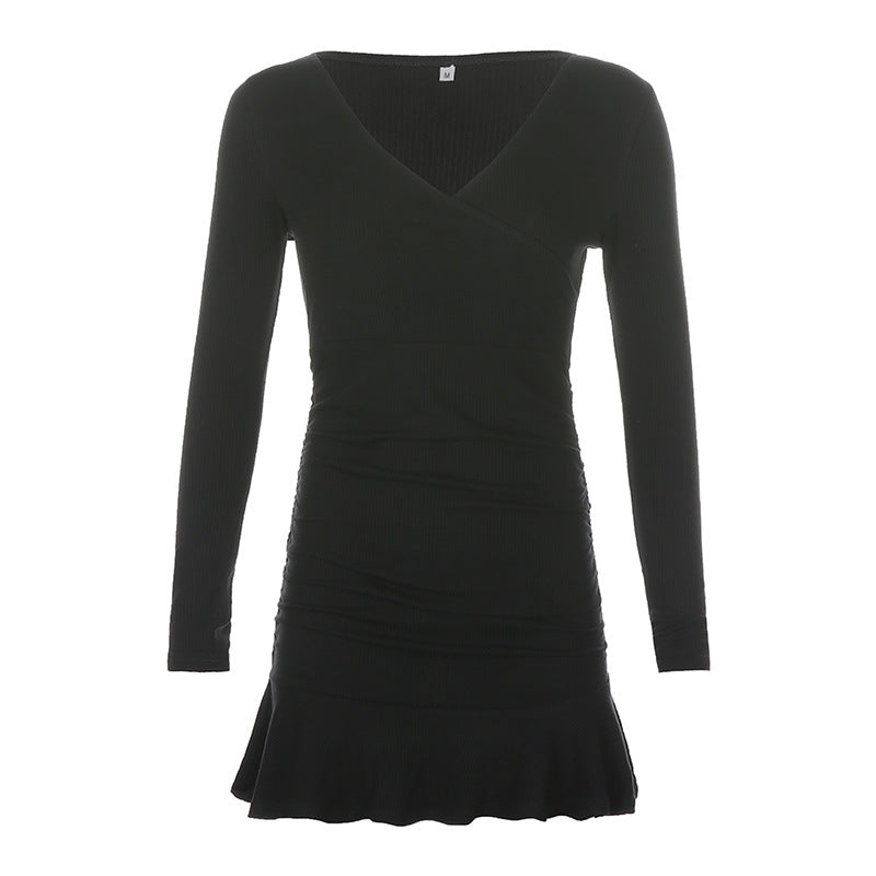 “Elegant French-Style Black Dress with V-Neck, Ruffled Detailing, and Cross Waist Design”