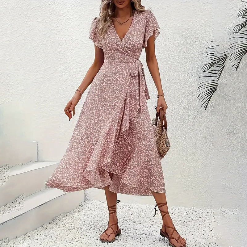 Women's Floral Boho Wrap Maxi Dress: V-Neck, Ruffles & Flow