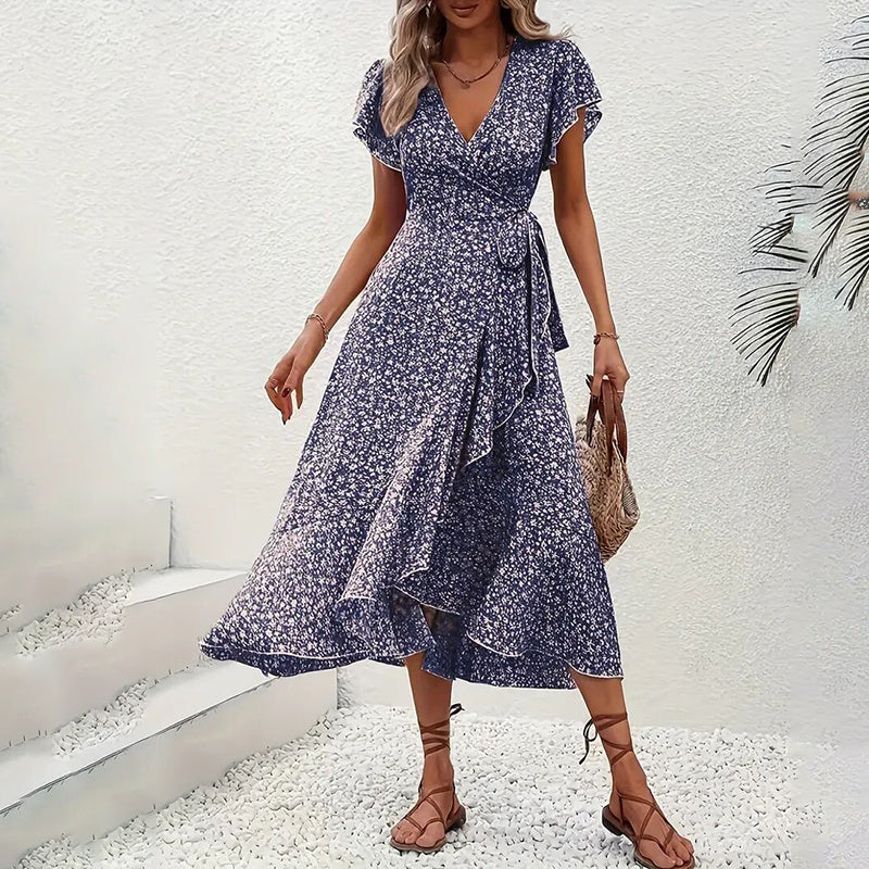 Women's Floral Boho Wrap Maxi Dress: V-Neck, Ruffles & Flow