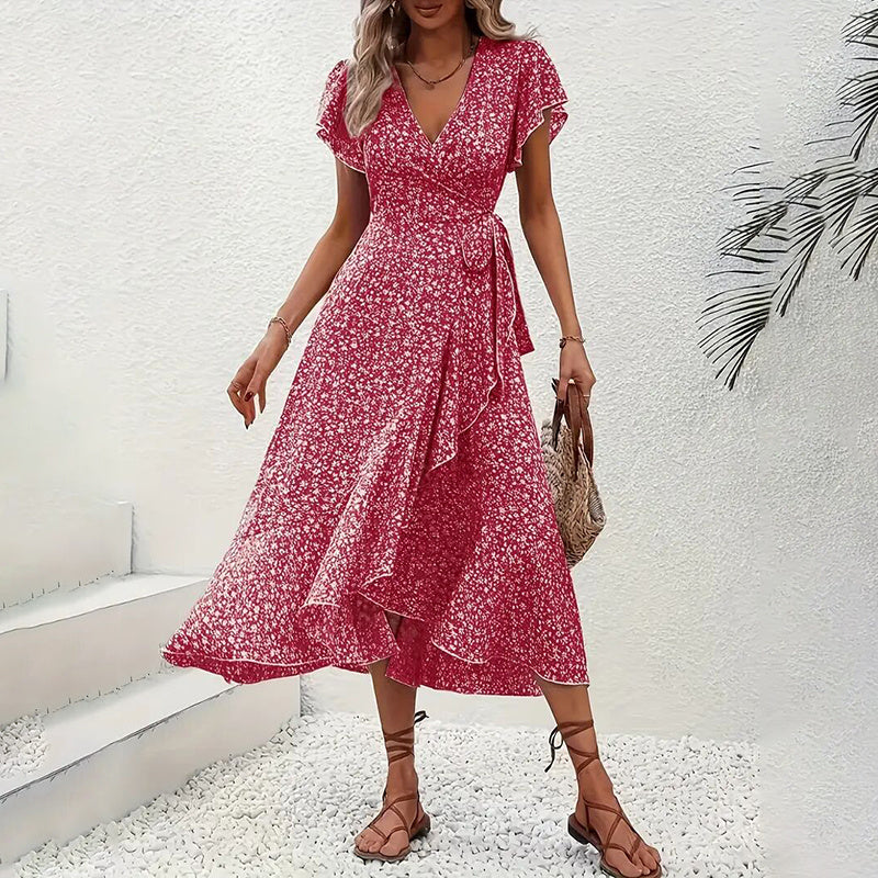 Women's Floral Boho Wrap Maxi Dress: V-Neck, Ruffles & Flow