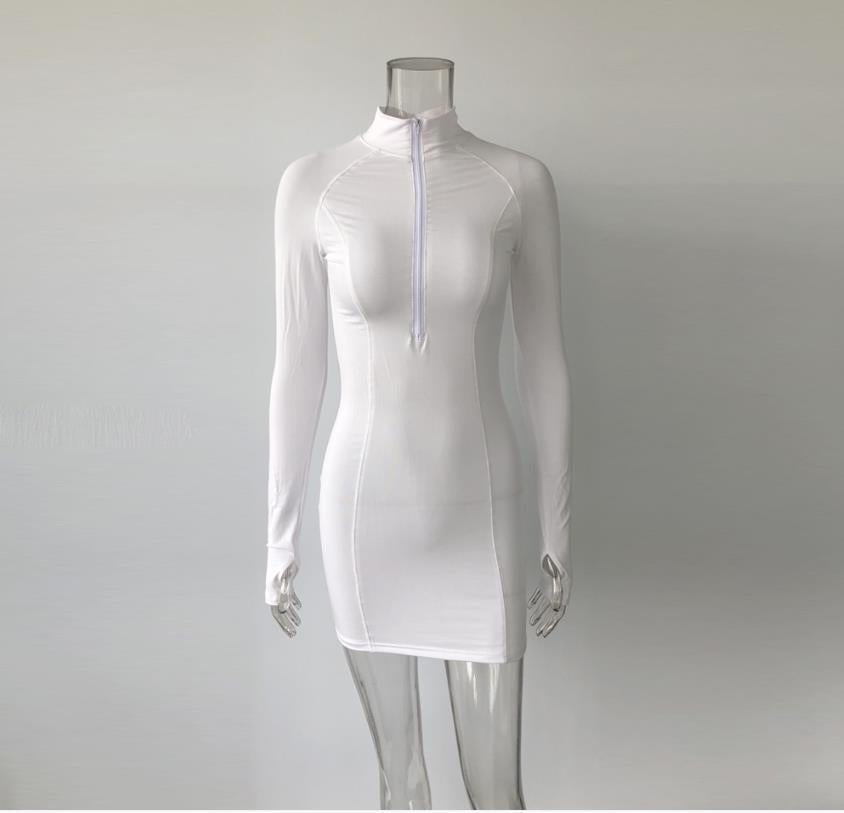 Tight stretch elastic collar zipper long sleeve dress