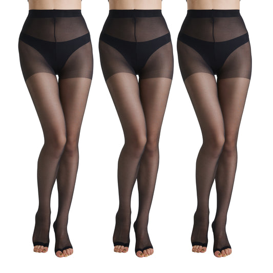 Three pairs of women’s 20D sheer toeless tights folded neatly.