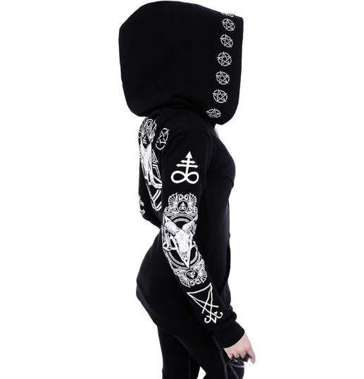 “Women’s Gothic Punk Printed Hoodie with Long Sleeves”