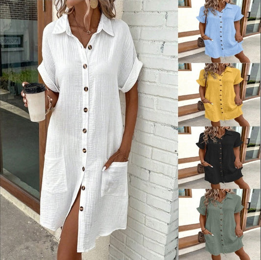 Casual Mid-Length Shirt Dress with Short Sleeves