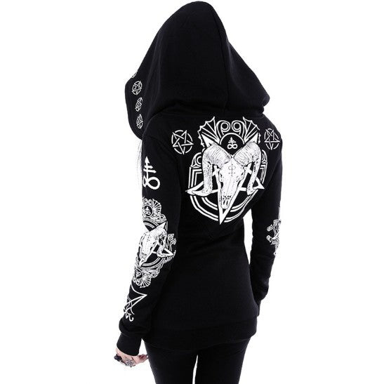 “Women’s Gothic Punk Printed Hoodie with Long Sleeves”