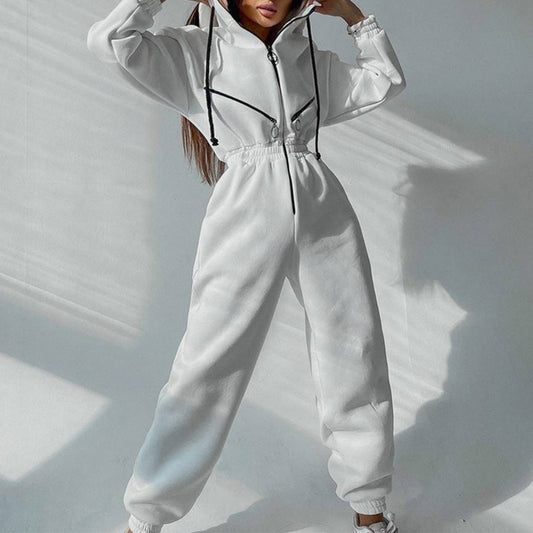 Women’s two-piece hoodie set with zip-up top and jogger pants.