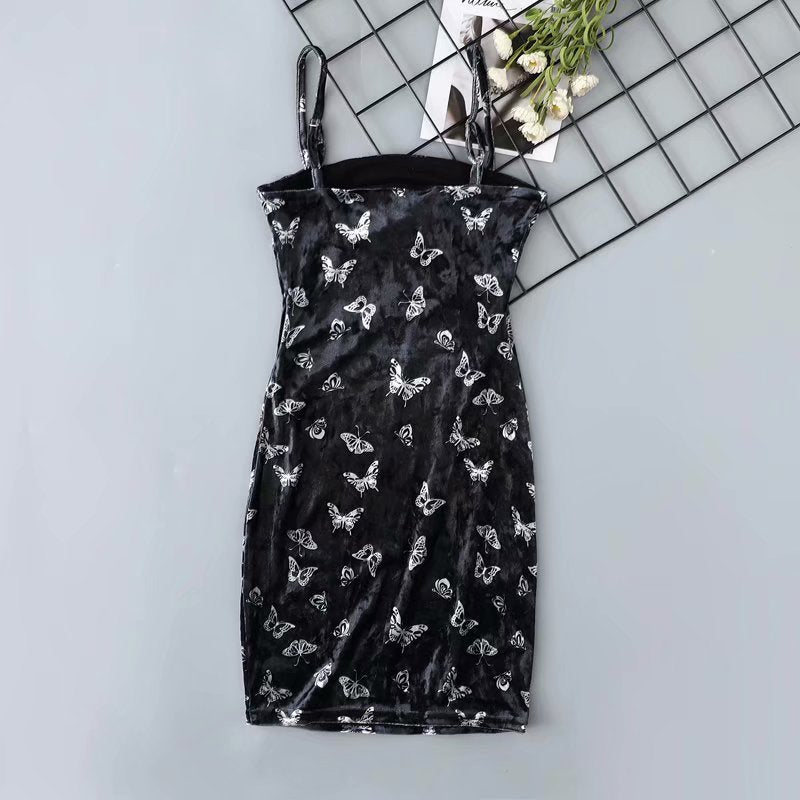 Sexy vintage retro velvet butterfly dress tight club mini dress black strap dress