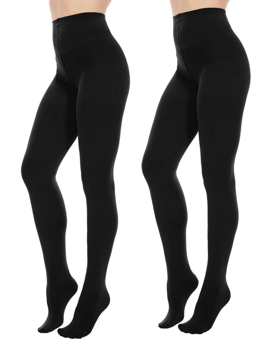 Two pairs of black opaque tights folded neatly on a white background.