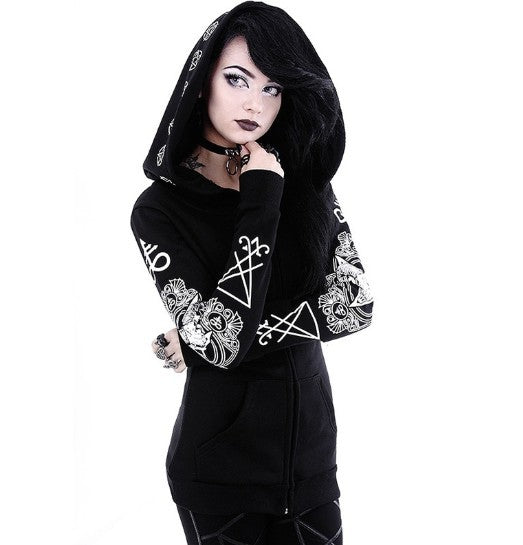 “Women’s Gothic Punk Printed Hoodie with Long Sleeves”