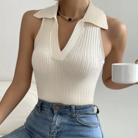 Fashionable Casual Solid Color Lapel Halter Vest Top