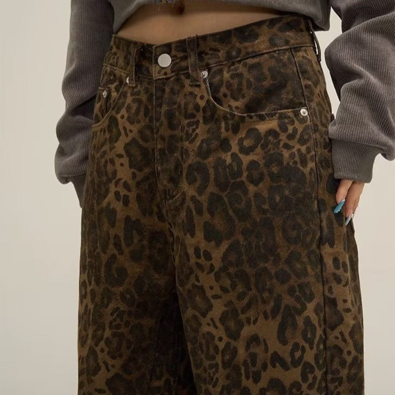 Women's American-style Vintage Leopard Print Jeans