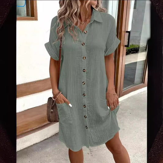 Casual Mid-Length Shirt Dress with Short Sleeves
