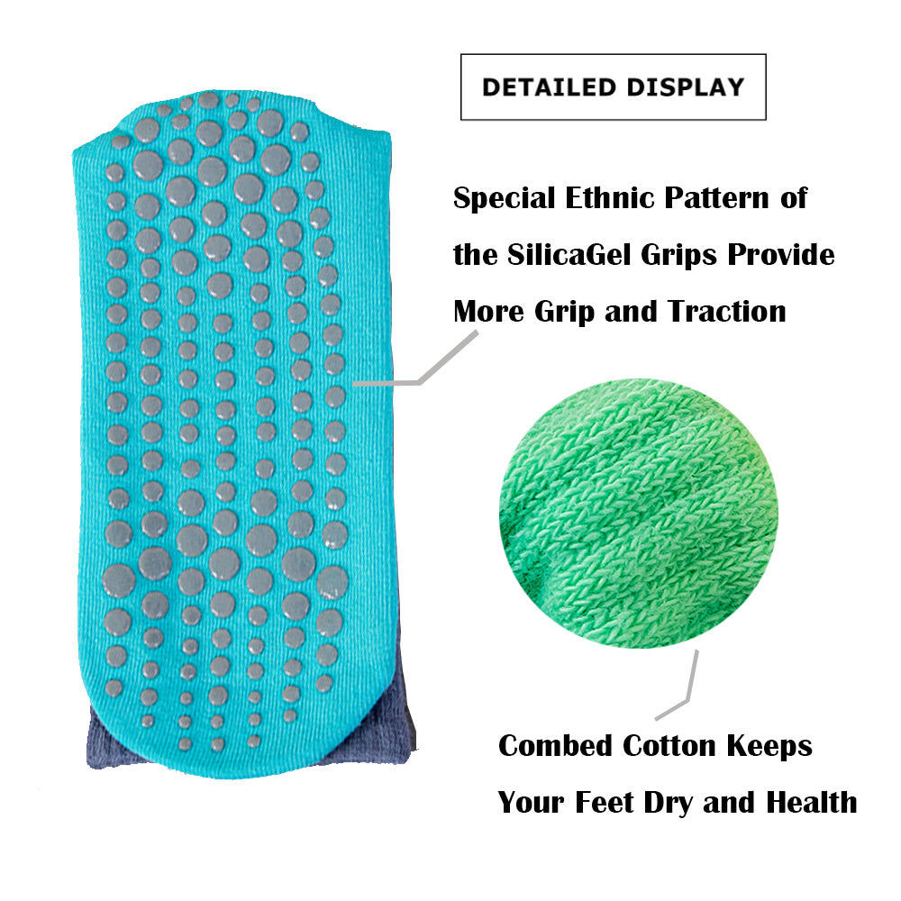 "Close-up of black non-slip yoga socks with silicone grip dots and a ballet-style elastic design.