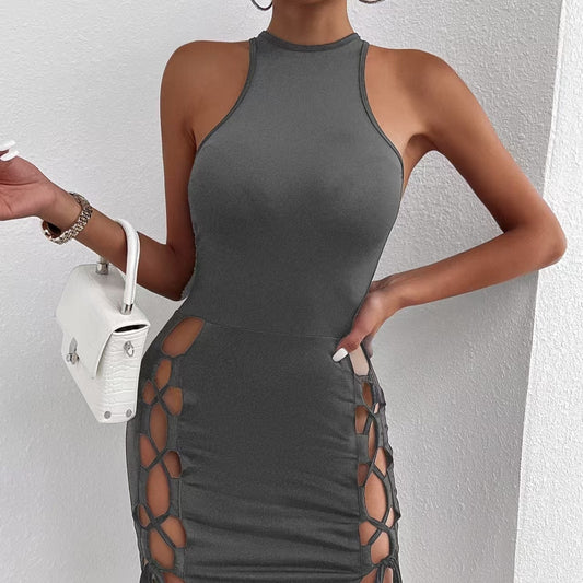 Solid-color bodycon mini dress with sleeveless cut, thigh slit & cross-tie detail - sexy tight fit