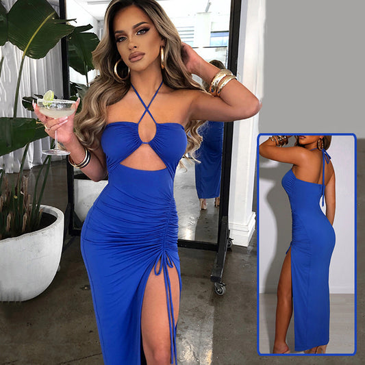 Sexy Y2K Halter neck Dress: Lace-Up Back, High Waist & Thigh Split - Brown/Blue