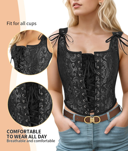Front view of a woman wearing a vintage-style over bust corset top with floral jacquard fabric.