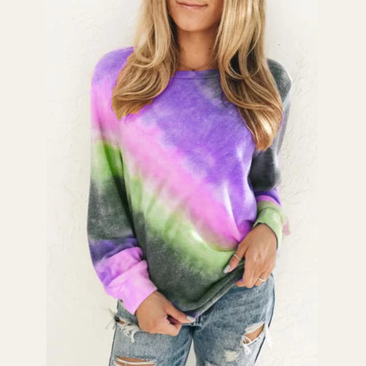 “Casual Long Sleeve T-shirt for Women in Fashionable Tie Dye Rainbow Design”