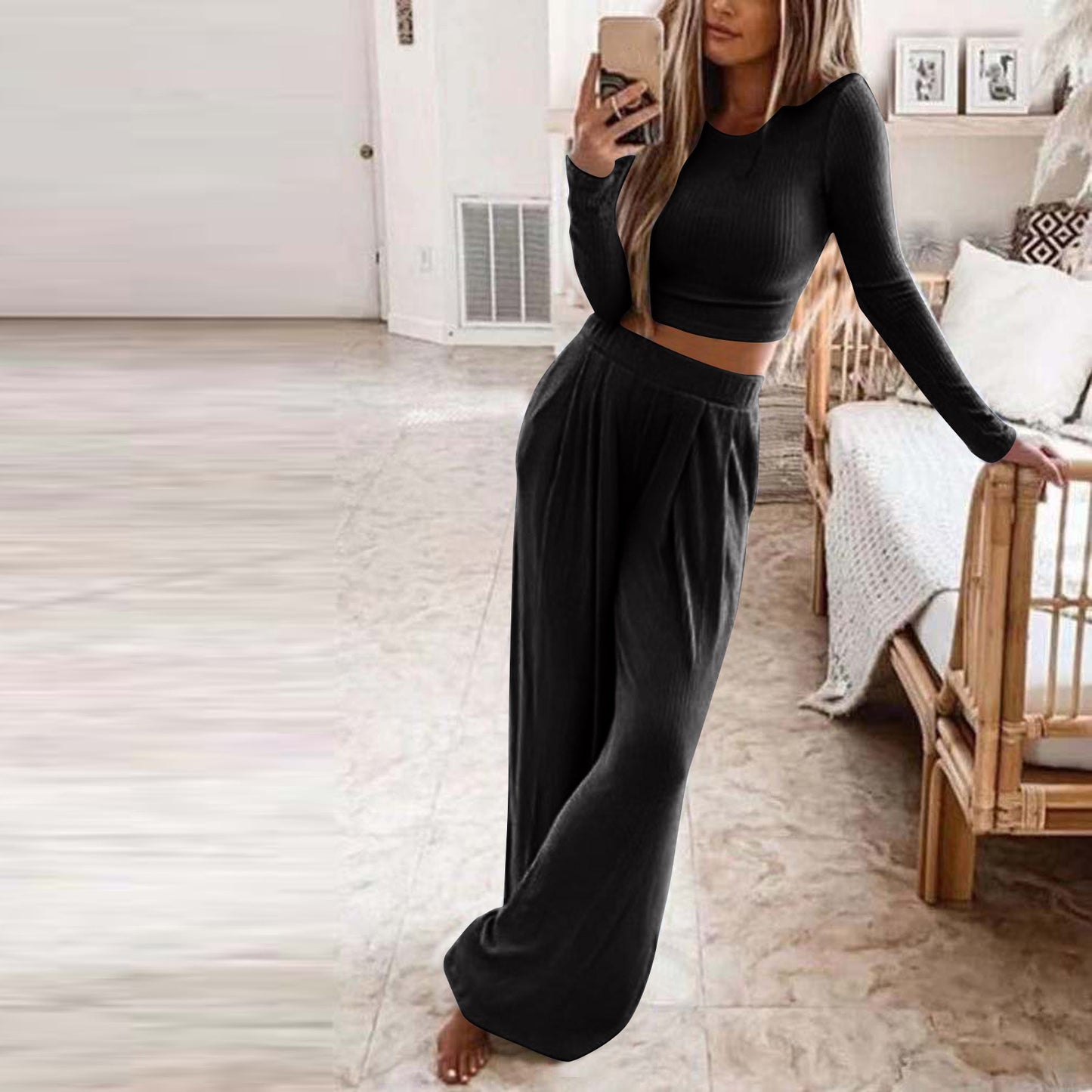 Women's Solid Color Knitted Casual Home Two Piece Suit Women